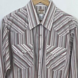 VTG Ruddock White Burgundy Striped Pearl Snap Western Rodeo‎ Shirt 17/34 NWT